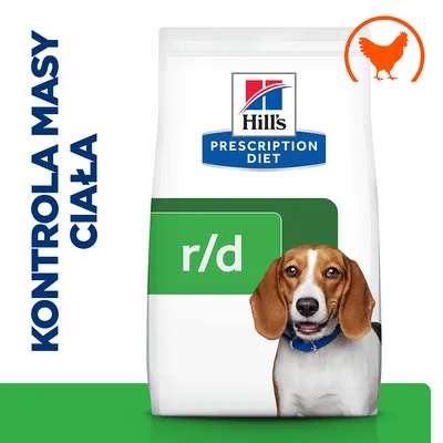 Hill's Prescription Diet r/d karma dla psa, kontrola masy ciała, symbol kurczaka, napis pionowy: KONTROLA MASY CIAŁA