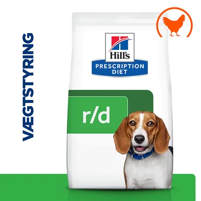 Hill's PRESCRIPTION DIET r/d hundefoder, tekst 'VÆGTSTYRING' til venstre og orange kyllingesymbol øverst til højre på posen.