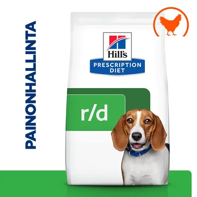 Hill's Prescription Diet r/d koiranruokapakkaus, teksti PAINONHALLINTA vasemmalla, oranssi kanan siluetti oikeassa yläkulmassa