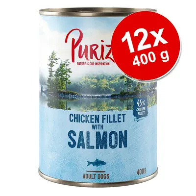 Purizon Chicken Fillet with Salmon, 45 % chicken fillet, 400 g, Adult Dogs. Rød cirkel med tekst: 12x 400 g. Purizon Chicken Fillet with Salmon, 45 % chicken fillet, 400 g, Adult Dogs. Rød cirkel med tekst: 12x 400 g.