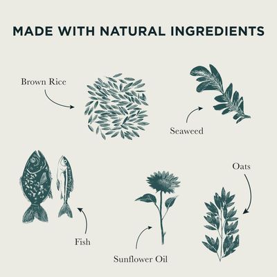 Made with natural ingredients: brown rice, fish, sunflower oil, algae, and oats.