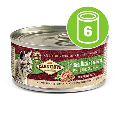 Консерва Carnilove Chicken, Duck & Pheasant за котки, без зърнени и картофи. Пакет от 6 броя. Видимо: етикет с лого, текст на английски, изображение на котка.