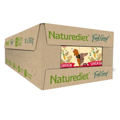 Multipack box labelled Naturediet Feel Good, British made, 18 x 390g, showing chicken recipe packs inside and recyclable packaging symbol.