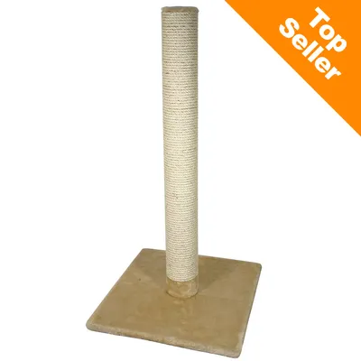 Tiragraffi con base quadrata beige e colonna rivestita in sisal chiaro. In alto a destra, etichetta arancione con testo: Top Seller.