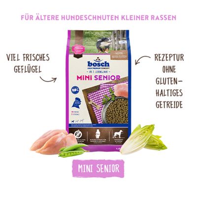 bosch Mini Senior, viel frisches Geflügel, Rezeptur ohne glutenhaltiges Getreide, für ältere Hundeschnuten kleiner Rassen. Ab 7. Lebensjahr.