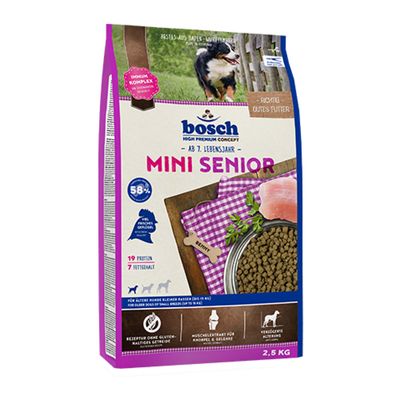 bosch Mini Senior, viel frisches Geflügel, Rezeptur ohne glutenhaltiges Getreide, für ältere Hundeschnuten kleiner Rassen. Ab 7. Lebensjahr.