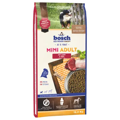 Bosch Mini Adult karma dla psów od 10 miesięcy, z jagnięciną i ryżem, 15 kg. Bez zbóż zawierających gluten, wspiera siłę mięśni i witalność. Dla małych ras do 15 kg.