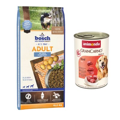 Сухой корм для собак Bosch Adult с лососем и картофелем, 21,5 % протеин, 10,5 % жира; 6 банок консервов Animonda GranCarno Rind pur; значок скидки %