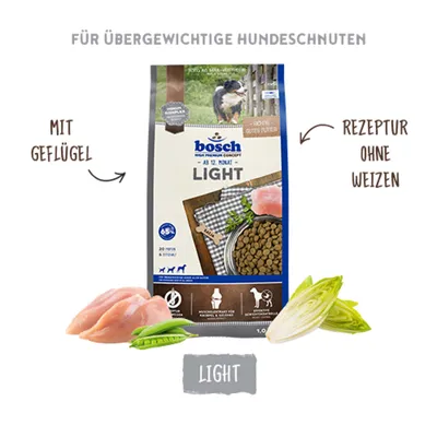bosch LIGHT Hundefutter, mit Geflügel, Rezeptur ohne Weizen, für übergewichtige Hunde, Abbildung von Trockenfutter, Fleisch und Gemüse. bosch LIGHT Hundefutter, mit Geflügel, Rezeptur ohne Weizen, für übergewichtige Hunde, Abbildung von Trockenfutter, Fleisch und Gemüse.