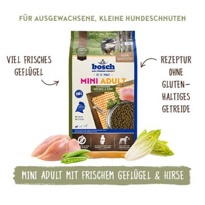 bosch Mini Adult mit frischem Geflügel & Hirse, viel frisches Geflügel, Rezeptur ohne glutenhaltiges Getreide, für ausgewachsene kleine Hunde ab dem 10. Monat.