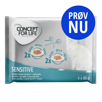 CONCEPT FOR LIFE Sensitive kattefoder, 2x sovs, 2x gelé, til følsomme katte fra 1 år, 4 x 85 g. Tekst: PRØV NU. Synlig hvid kat på emballagen.