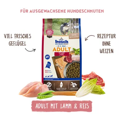 bosch Adult mit Lamm & Reis, viel frisches Geflügel, Rezeptur ohne Weizen, für ausgewachsene Hundeschnuten. bosch Adult mit Lamm & Reis, viel frisches Geflügel, Rezeptur ohne Weizen, für ausgewachsene Hundeschnuten.