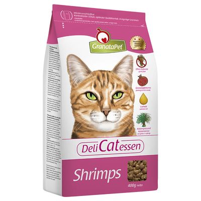 GranataPet DeliCatessen Shrimps, comida seca para gatos, 400 g. Texto visible: sin cereales, semillas de granada, aceite de salmón, hierba gatera y catnip.