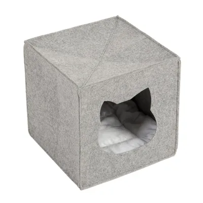 Grey felt cave with cat head cut-out and soft white inner cushion. Cube shape for pets. Grey felt cave with cat head cut-out and soft white inner cushion. Cube shape for pets.