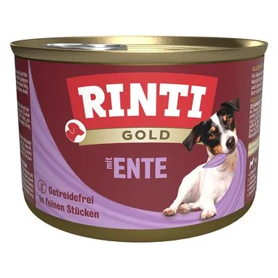 RINTI Gold mit ENTE, getreidefrei, in feinen Stücken. Blik hondenvoer met afbeelding van hond en paarse accenten. Tekst deels in het Duits.