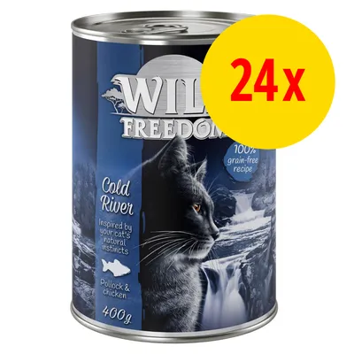 Wild Freedom Cold River kattemad, Pollock & chicken, 400 g dåse. Tekst: Inspired by your cat's natural instincts, 100% grain-free recipe. Gul cirkel med rød tekst: 24x.