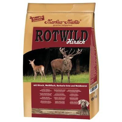 Markus Mühle Rotwild Hirsch, pressato a freddo, con cervo, pesce bianco, anatra di Barberia e frutti di bosco. Per cani adulti, confezione da 15 kg.