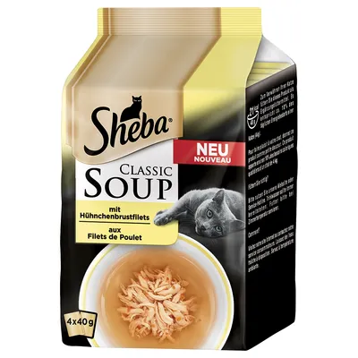 Sheba Classic Soup mit Hühnerbrustfilets, 4x40g. Kuvassa kulhossa kanasuikaleita liemessä, pakkauksessa harmaa kissa ja teksti NEU NOUVEAU.