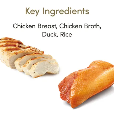 Teksti: Key Ingredients. Chicken Breast, Chicken Broth, Duck, Rice. Kuvassa viipaloitua kananrintaa ja ankanrintaa. Teksti englanniksi.