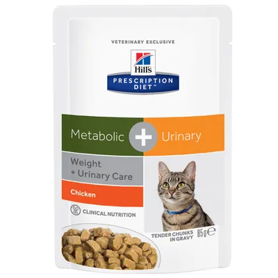 Hill's Prescription Diet Metabolic + Urinary, Weight + Urinary Care, pollo, alimento dietetico, teneri bocconcini in salsa, 85g. Immagine di un gatto sulla confezione.