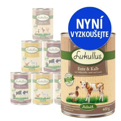 Konzervy Lukullus Adult, různé druhy. Velká konzerva Ente & Kalb 400 g s obrázkem kachny a telete. Modrý kruh s textem: NYNÍ VYZKOUŠEJTE. Konzervy Lukullus Adult, různé druhy. Velká konzerva Ente & Kalb 400 g s obrázkem kachny a telete. Modrý kruh s textem: NYNÍ VYZKOUŠEJTE.