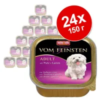 Набор из 24 упаковок по 150 г Animonda Vom Feinsten Adult mit Pute + Lamm. На упаковке изображена собака, текст на нескольких языках.