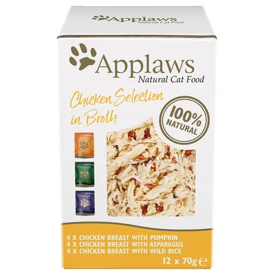 Applaws Natural Cat Food, selezione di pollo in brodo, 100% naturale. 4x petto di pollo con zucca, 4x petto di pollo con asparagi, 4x petto di pollo con riso selvatico, 12 x 70g.