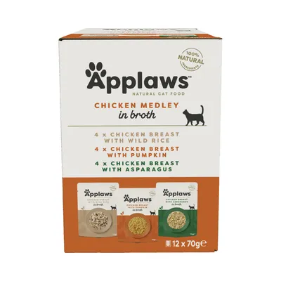 Applaws Natural Cat Food, piletina u juhi. 4x pileća prsa s divljom rižom, 4x pileća prsa s bundevom, 4x pileća prsa sa šparogama. Pakiranje: 12x70g, 100% prirodni sastojci.