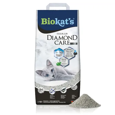 Biokat's Diamond Care Classic Katzenstreu mit Aktivkohle und Aloe Vera. Klumpend, staubarm, hält bis zu 54 Tage. Premium Qualität für optimale Geruchsbindung.