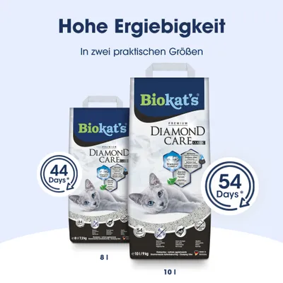 Biokat's Diamond Care Classic Katzenstreu, hohe Ergiebigkeit, erhältlich in 8 l (44 Tage) und 10 l (54 Tage), zwei praktische Größen.