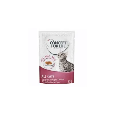 Concept for Life All Cats våtfoder i gelé, för katter, 85 g. Bild på katt och skål med foder. Text: Jelly, Gelee.