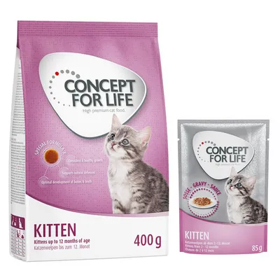 400 g Concept for Life száraztáp + 12 x 85 g nedvestáp szószban - Kitten vegyes csomag 400 g Concept for Life száraztáp + 12 x 85 g nedvestáp szószban - Kitten vegyes csomag