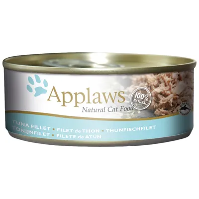 Scatoletta Applaws Natural Cat Food, 100% natural, filetto di tonno. Testo visibile: Tuna Fillet, Filet de Thon, Thunfischfilet, Tonijnfilet, Filete de Atún. Dolphin friendly.