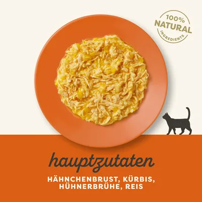 Hauptzutaten: Hähnchenbrust, Kürbis, Hühnerbrühe, Reis. 100% natürliche Zutaten. Abgebildet auf einem orangefarbenen Teller mit Katzen-Symbol.