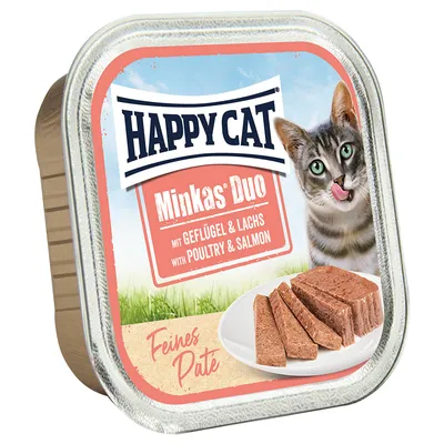 Happy Cat Minkas Duo Paté fine con pollame e salmone. Confezione con un gatto e paté servito su un piatto.