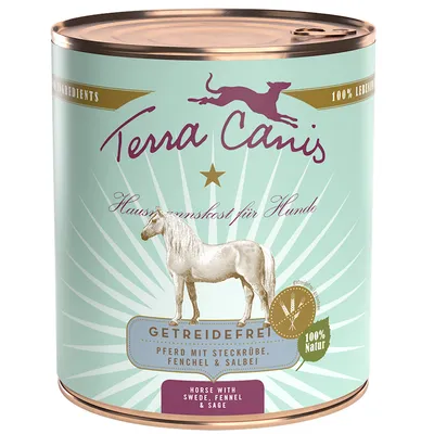 Boîte Terra Canis pour chien, texte visible : Getreidefrei, Pferd mit Steckrübe, Fenchel & Salbei, 100 % Natur, Horse with Swede, Fennel & Sage. Illustration de cheval.