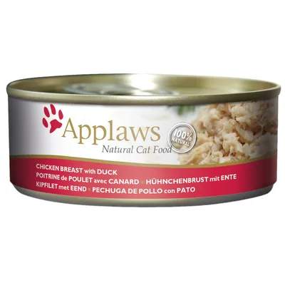 Scatoletta Applaws Natural Cat Food, testo visibile: 100% natural, chicken breast with duck in varie lingue. Immagine del prodotto con carne sminuzzata.