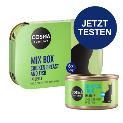 Cosma Pure Love Mix Box, Chicken Breast and Fish in Jelly, 6x170g. Skipjack Tuna in Jelly, Single Protein Pure Meat & Fish. Jetzt testen. Cosma Pure Love Mix Box, Chicken Breast and Fish in Jelly, 6x170g. Skipjack Tuna in Jelly, Single Protein Pure Meat & Fish. Jetzt testen.