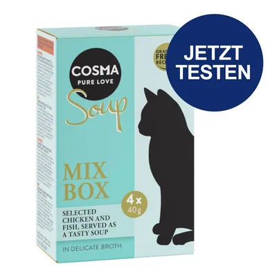 Cosma Soup Mix Box, 4x40g, ausgewähltes Huhn und Fisch in feiner Brühe. Grain Free Rezept. Jetzt testen.