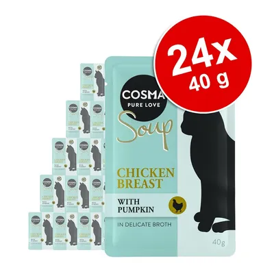 Cosma Pure Love Soup Chicken Breast with Pumpkin, 24 x 40 g. Opakowanie saszetek z widocznym napisem i sylwetką kota.