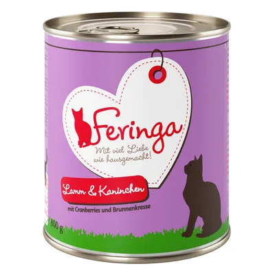 Konzerva Feringa Lamm & Kaninchen, mit Cranberries und Brunnenkresse, 800 g. Text: Mit viel Liebe wie hausgemacht! Fialové balení s obrysem kočky.