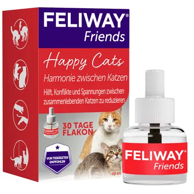 Feliway Friends, Happy Cats. Pomaga redukować konflikty i napięcia między kotami mieszkającymi razem. Flakon na 30 dni, polecany przez weterynarzy.