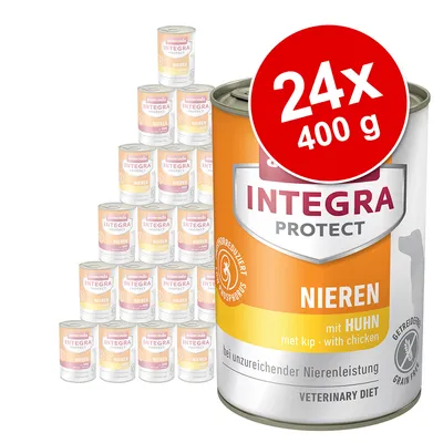 24 blikken à 400 g animonda INTEGRA PROTECT NIEREN met kip, bij onvoldoende nierfunctie, graanvrij, verlaagd fosforgehalte. Tekst deels in het Duits en Engels zichtbaar op verpakking.