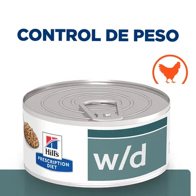 Lata de Hill's Prescription Diet w/d, texto visible 'CONTROL DE PESO' y símbolo de pollo. Envase metálico con abre fácil y etiqueta azul y verde. Lata de Hill's Prescription Diet w/d, texto visible 'CONTROL DE PESO' y símbolo de pollo. Envase metálico con abre fácil y etiqueta azul y verde.