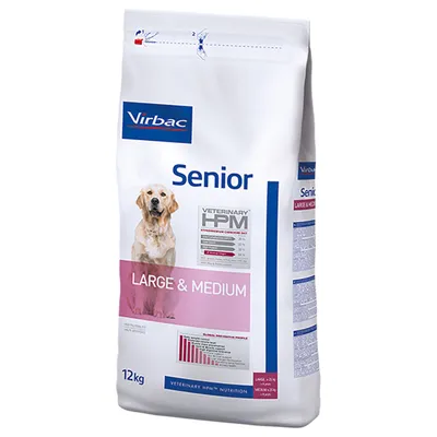 Virbac Senior Veterinary HPM Large & Medium, 12 kg. Widoczny skład: białko 30 %, tłuszcz 12 %, włókno 6 %. Opakowanie z psem na froncie.