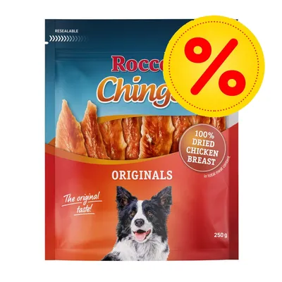 Pack of dried chicken breast, 100% dried chicken breast stated on packaging, 250g. Large yellow percentage discount symbol shown in top right corner.