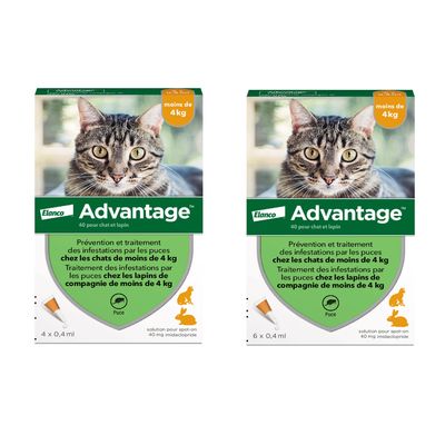Elanco Advantage 40 pour chat et lapin, moins de 4 kg. Prévention et traitement des infestations par les puces chez les chats et lapins de compagnie de moins de 4 kg. 4 x 0,4 ml.