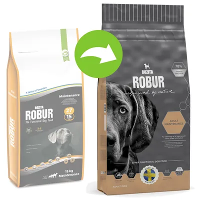 Dva pakiranja Bozita Robur Adult Maintenance pseće hrane, staro i novo dizajn, 15 kg. Vidljiv tekst: 27% proteina, 15% masti, 78% animal protein, Made in Sweden.