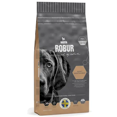 Vreća hrane za pse Bozita Robur Adult Maintenance, 78 % animal protein, oznaka Made in Sweden, vidljiv pas na pakiranju, tekst: super functional dog food, adult dog.