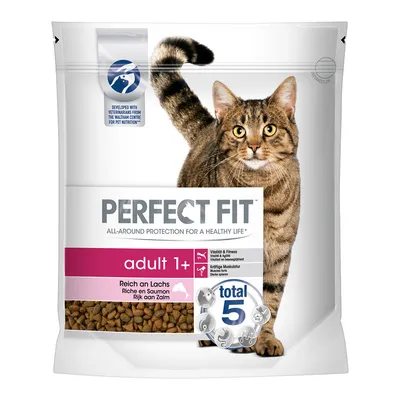 PERFECT FIT adult 1+ kattemad, rich an Lachs, total 5, vitalitet & fitness, stærke muskler. Udviklet med dyrlæger. Synlig tørfoder og billede af kat på emballagen.